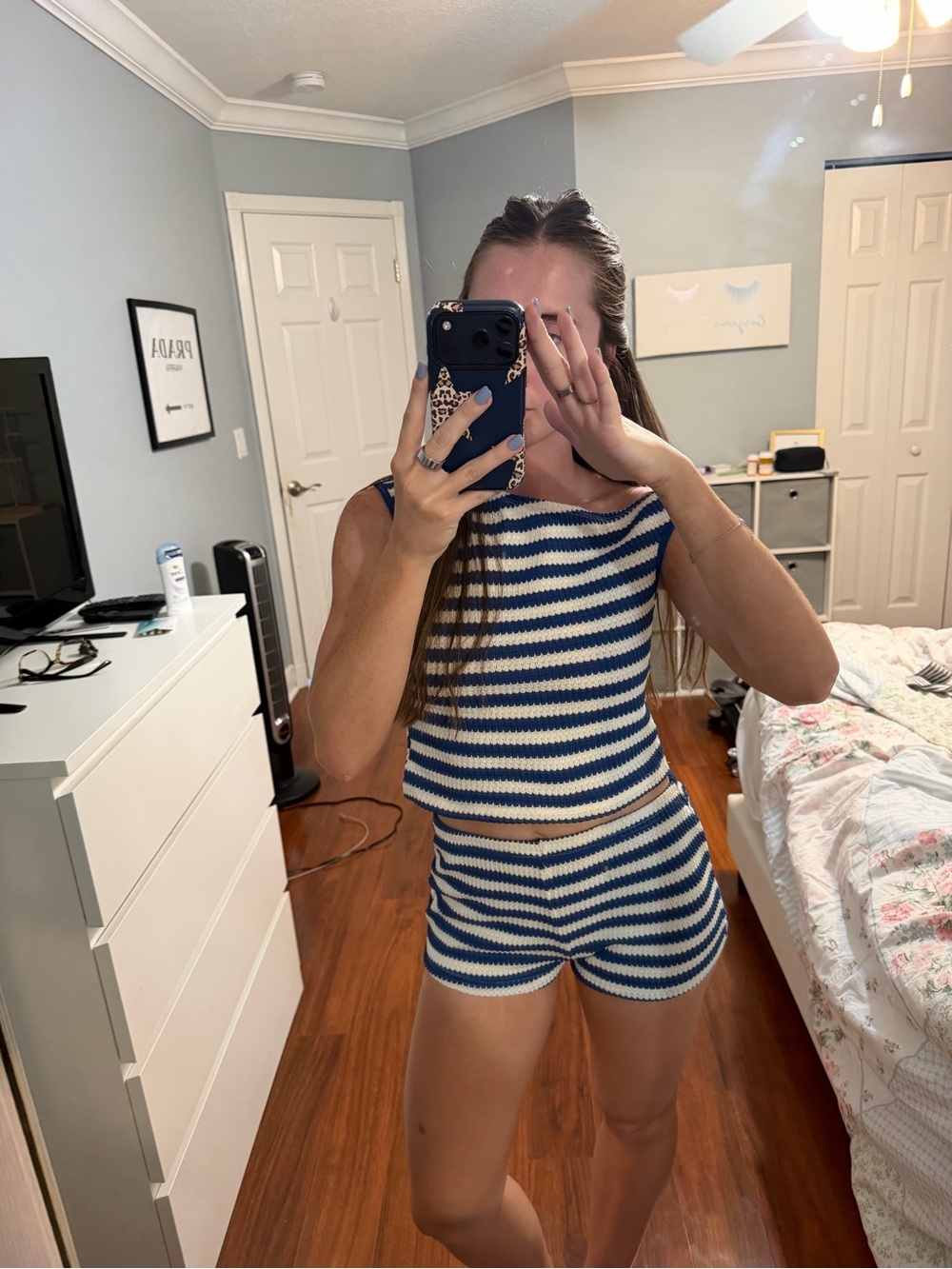 SHEIN Blue & White Striped Knit Crop Tank and Short Set